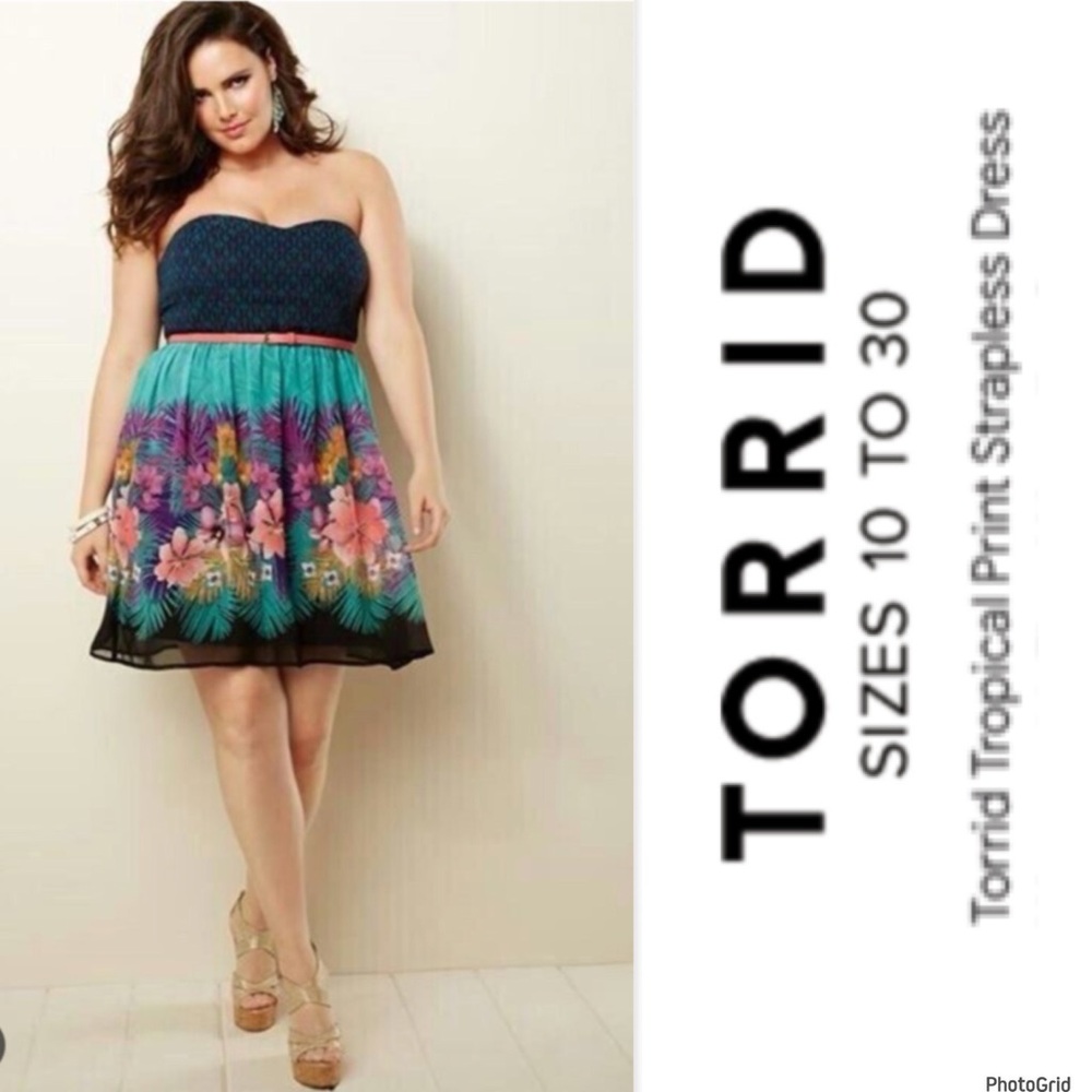 Torrid 14 plus size strapless floral tropical print dress